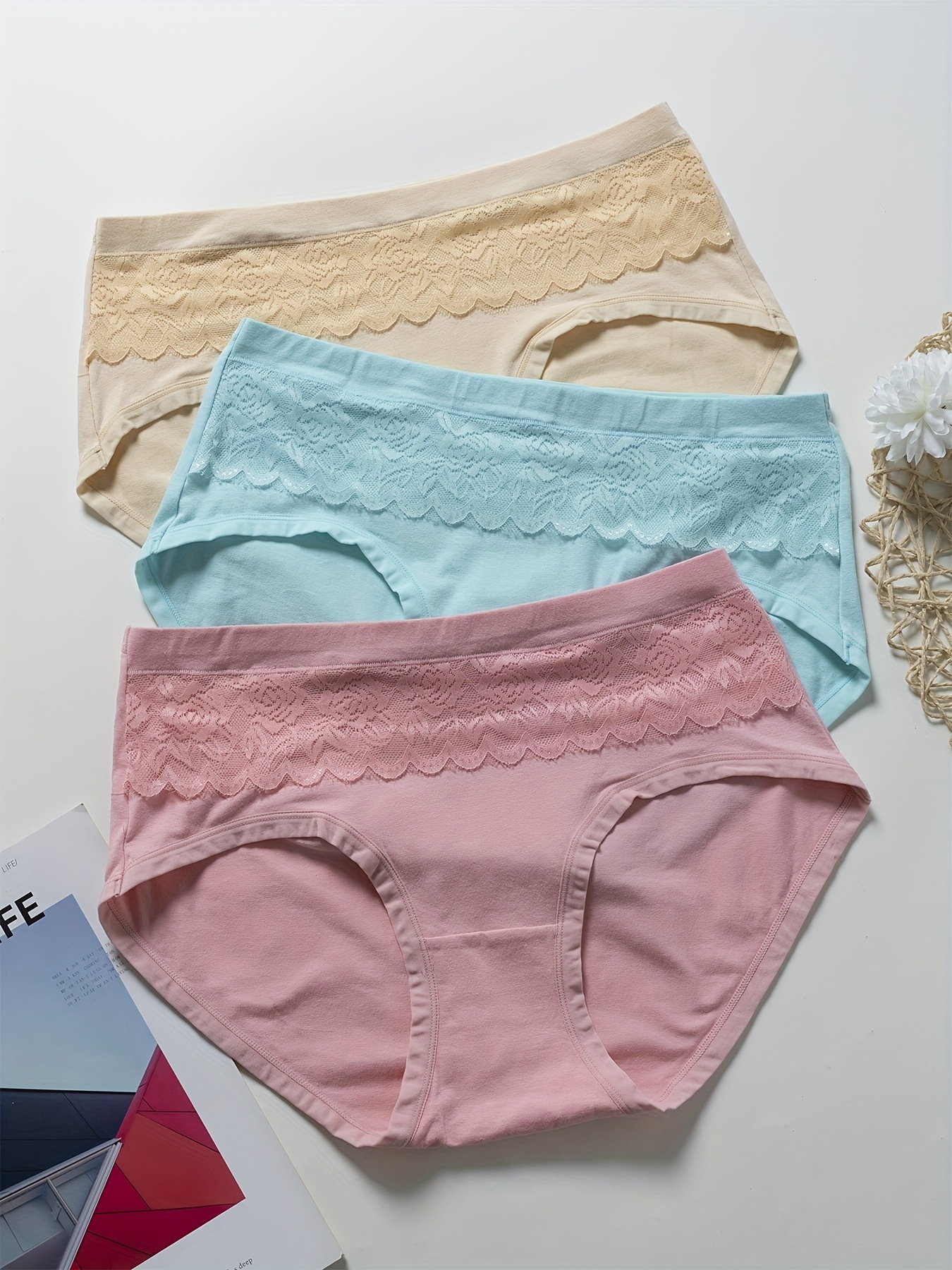 3 Pack Plus Size Elegant Underwear Set, Women's Plus Contrast Lace Solid  High Waist Soft Panties Three Piece Set