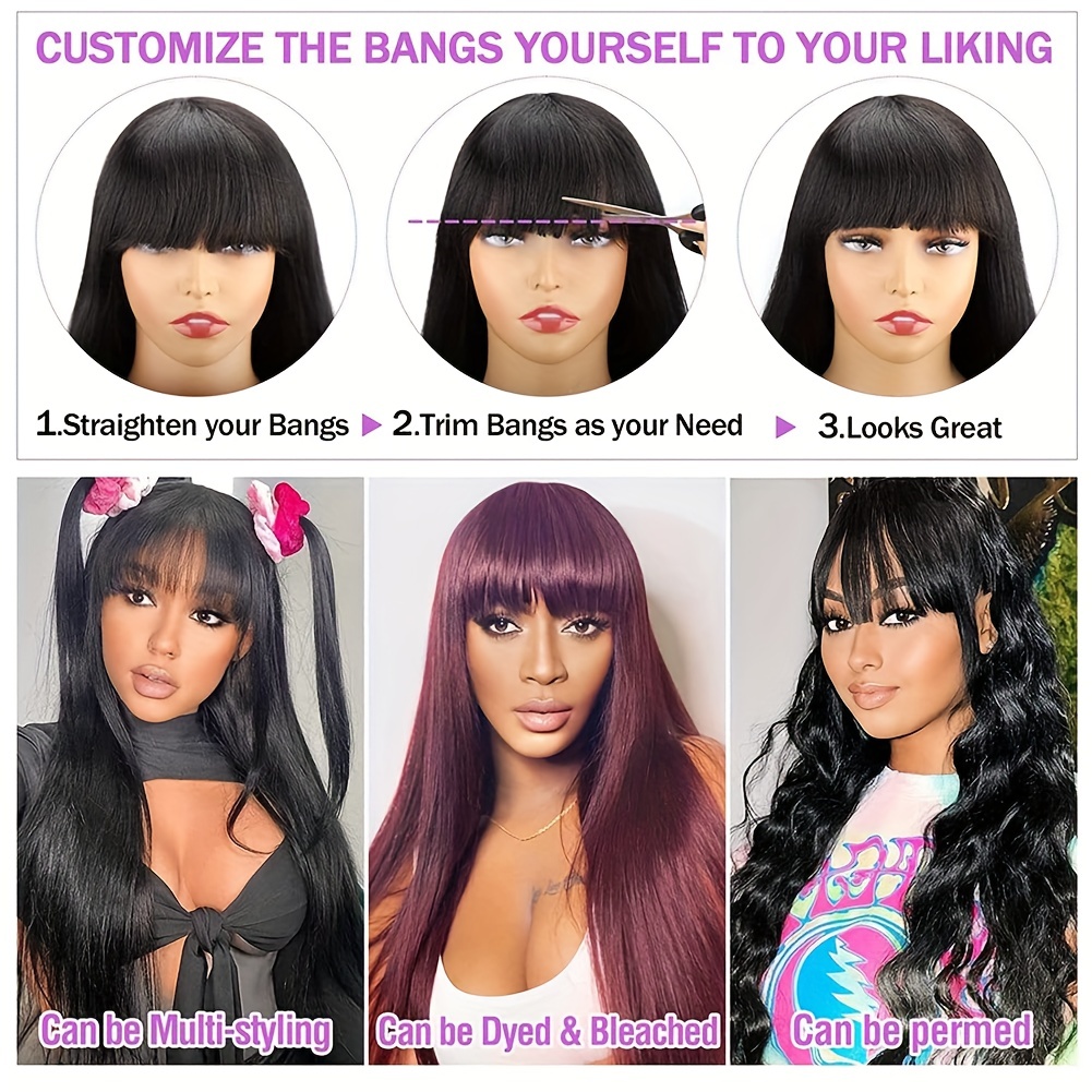 Straight Human Hair Wigs Bangs Brazilian Virgin None Lace Temu