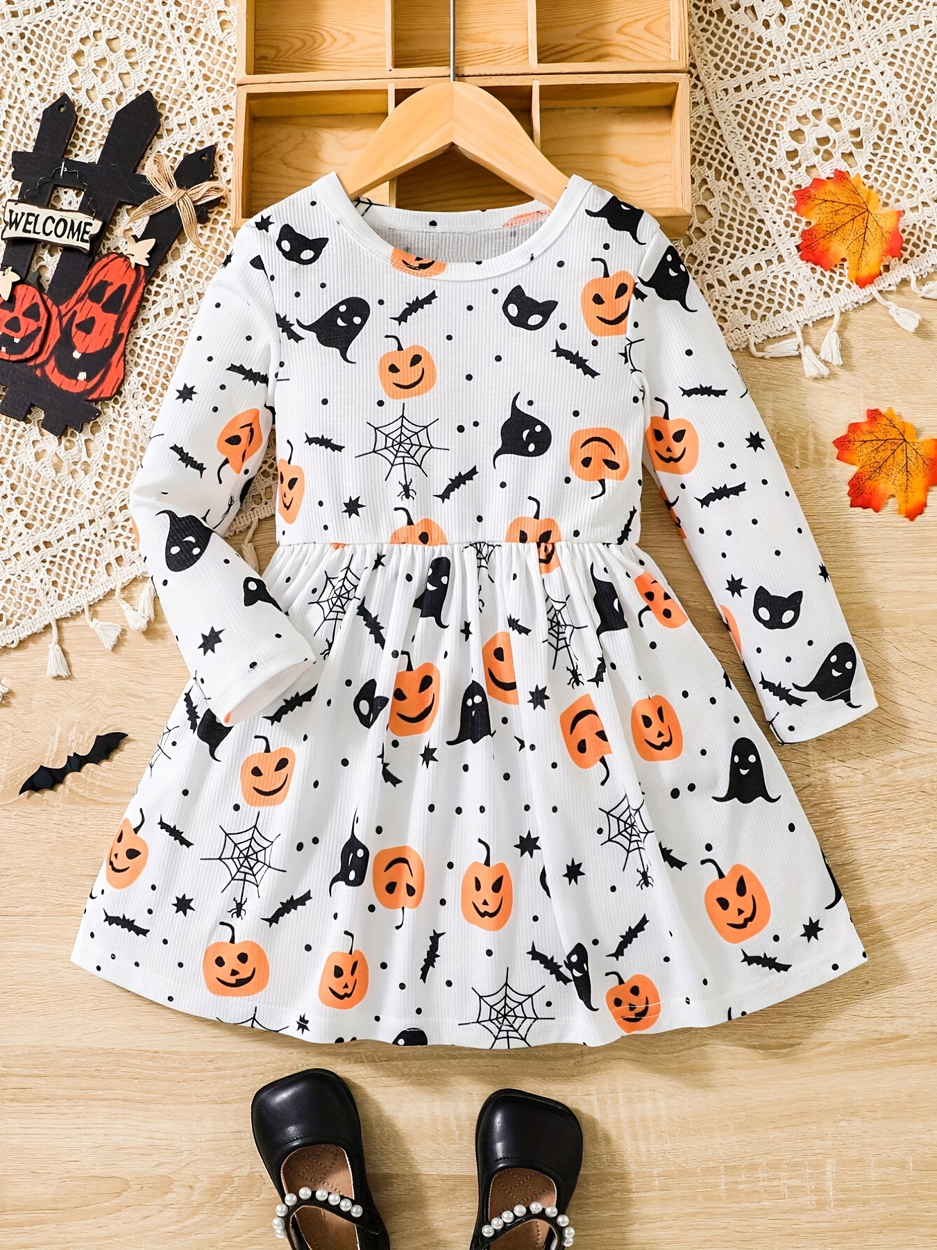 Girl's Pumpkin Ghost Allover Print Dress Long Sleeve Ribbed - Temu