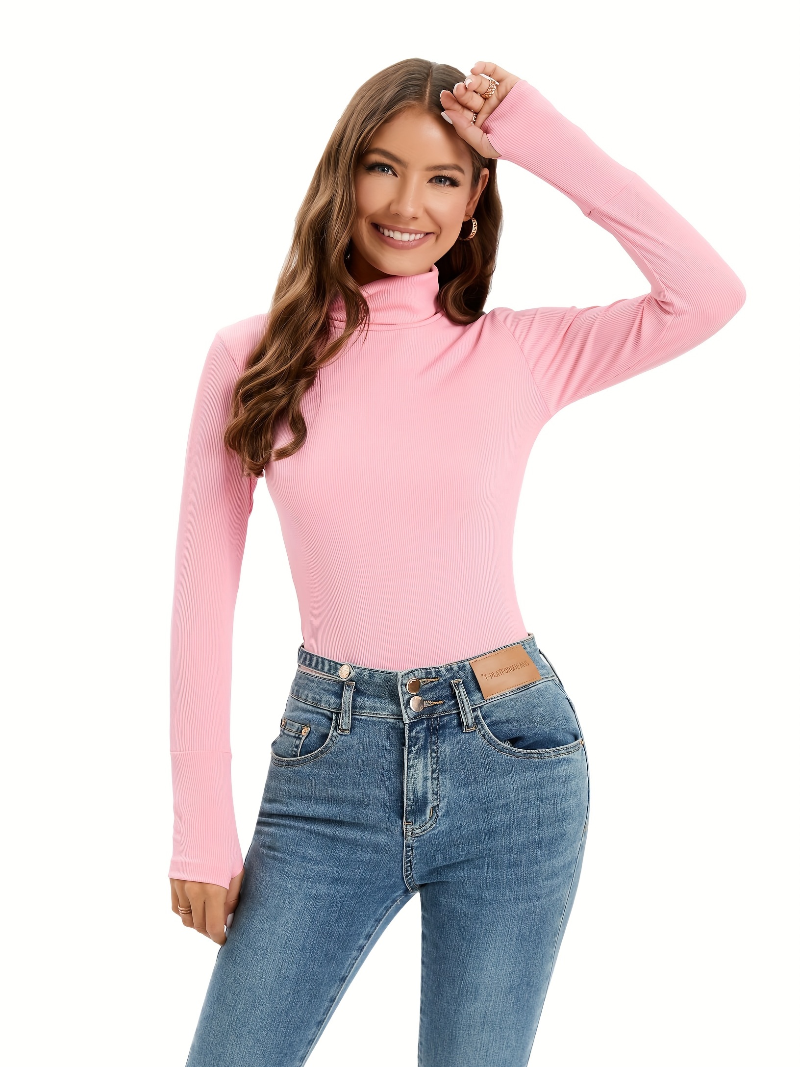 Solid Color Turtle Neck Bodysuit Casual Long Sleeve Ribbed - Temu