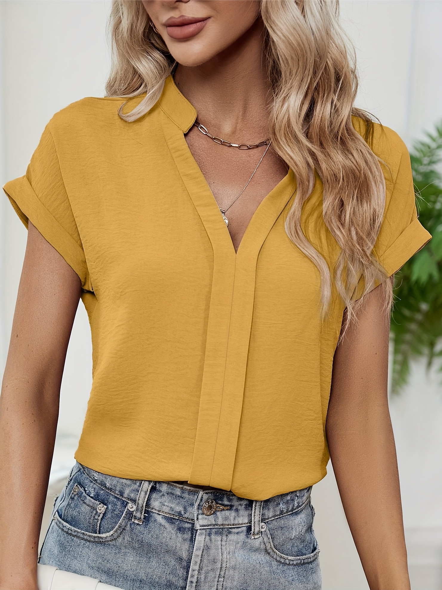 Solid Stand Collar V Neck Blouse Casual Sleeve Comfy - Temu Canada