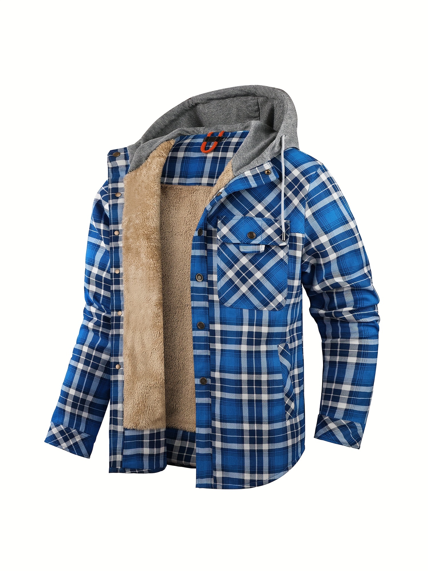 mens warm fleece hooded plaid retro coat for fall winter blue 2