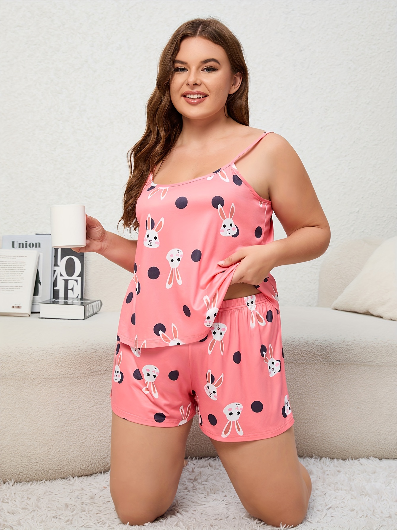Plus Size Kawaii Pajama Set Women's Plus Rabbit Print Cami - Temu