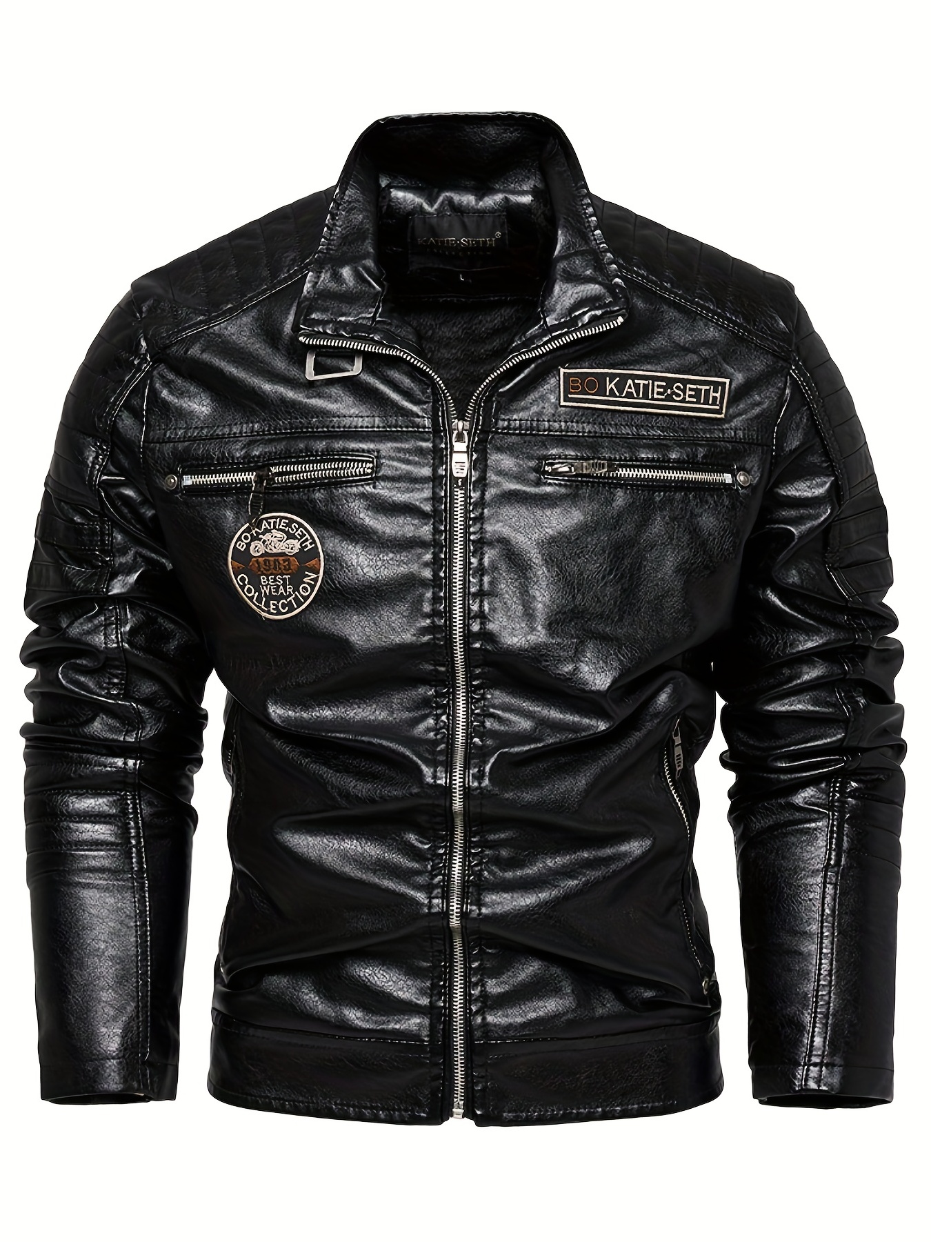 Men's Stand Collar Vintage Faux Leather Jacket Slim Fit - Temu