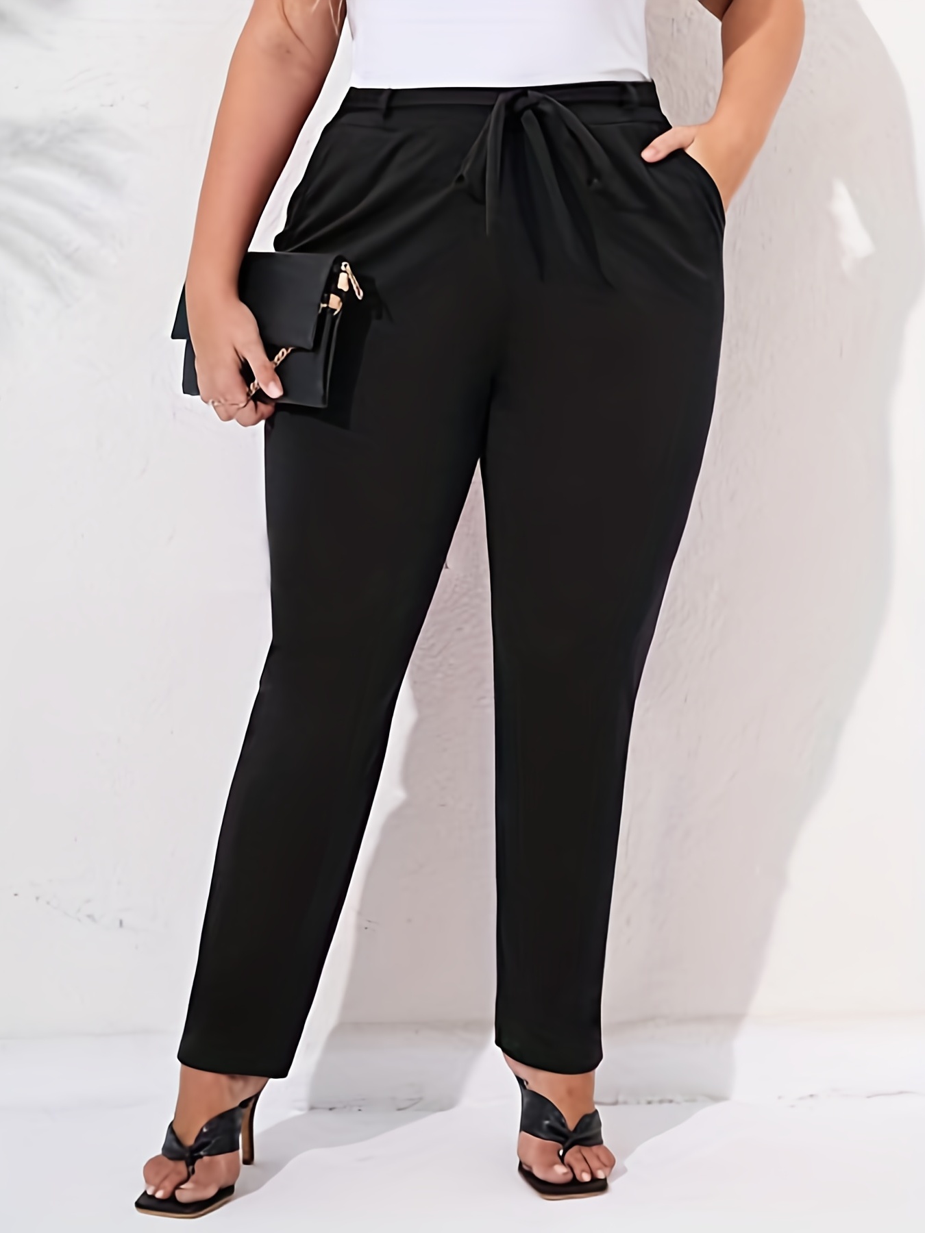 Plus Size Solid Color Drawstring Pocket Pants, Trousers, Women's Solid Drawstring High Rise High Stretch Knot Casual Pants,SUN/UV Protection,Temu