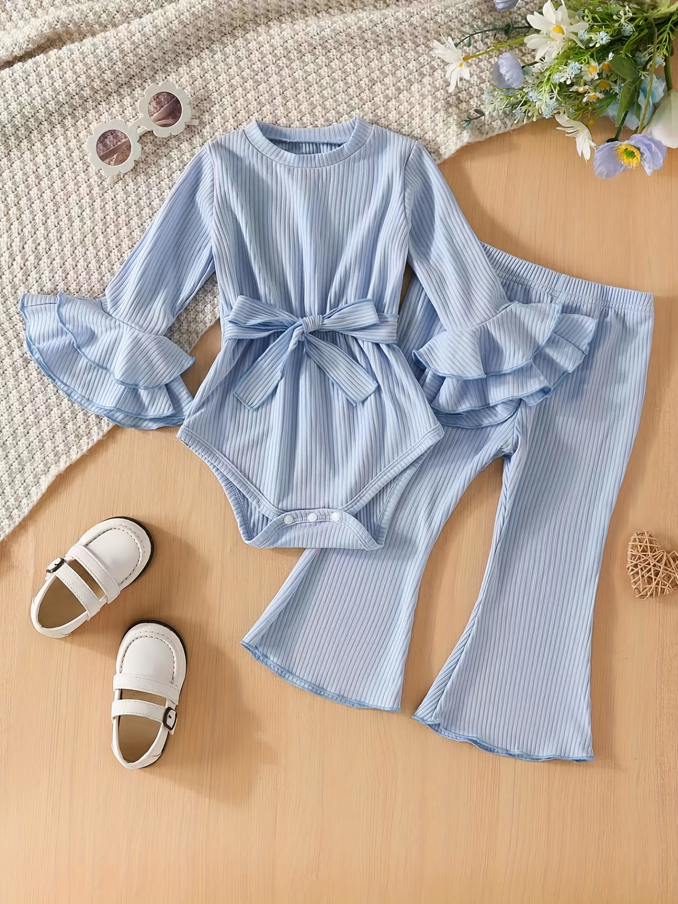 baby girls toddlers new outfits stylish bow long sleeve romper bell bottoms pants fashion 2pcs set details 1