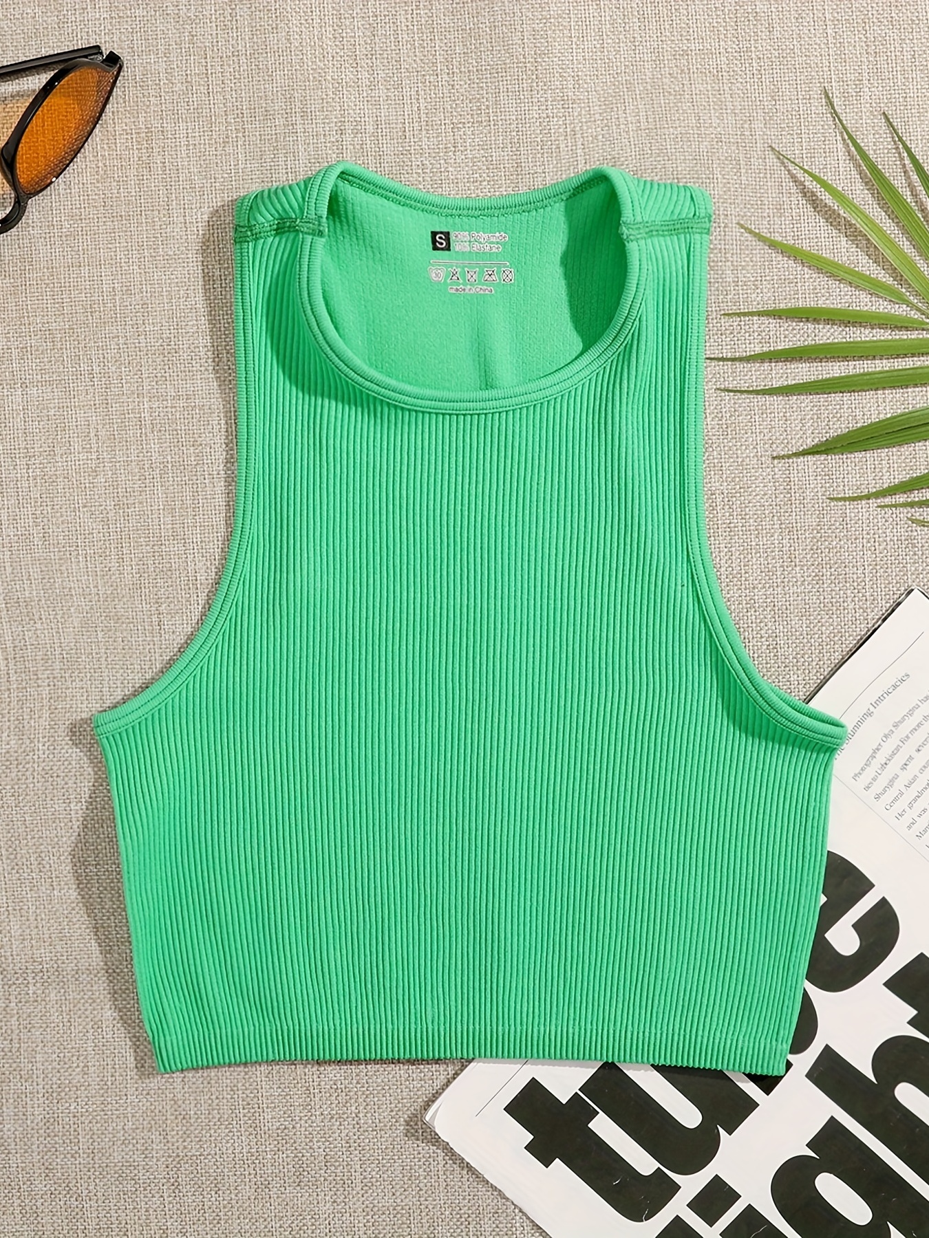 Ribbed Knit Seamless Halter Neck Crop Tank Top (Neon Lime, LXL)