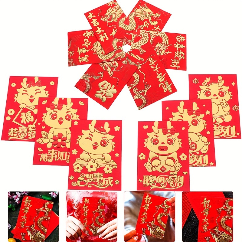 LEKEJIA Chinese New Year Red Envelopes, 2024 New Year dragon Red Envelopes,  Lucky Money Envelopes, Red Packet, Hong Bao for Spring Festival (12pcs)