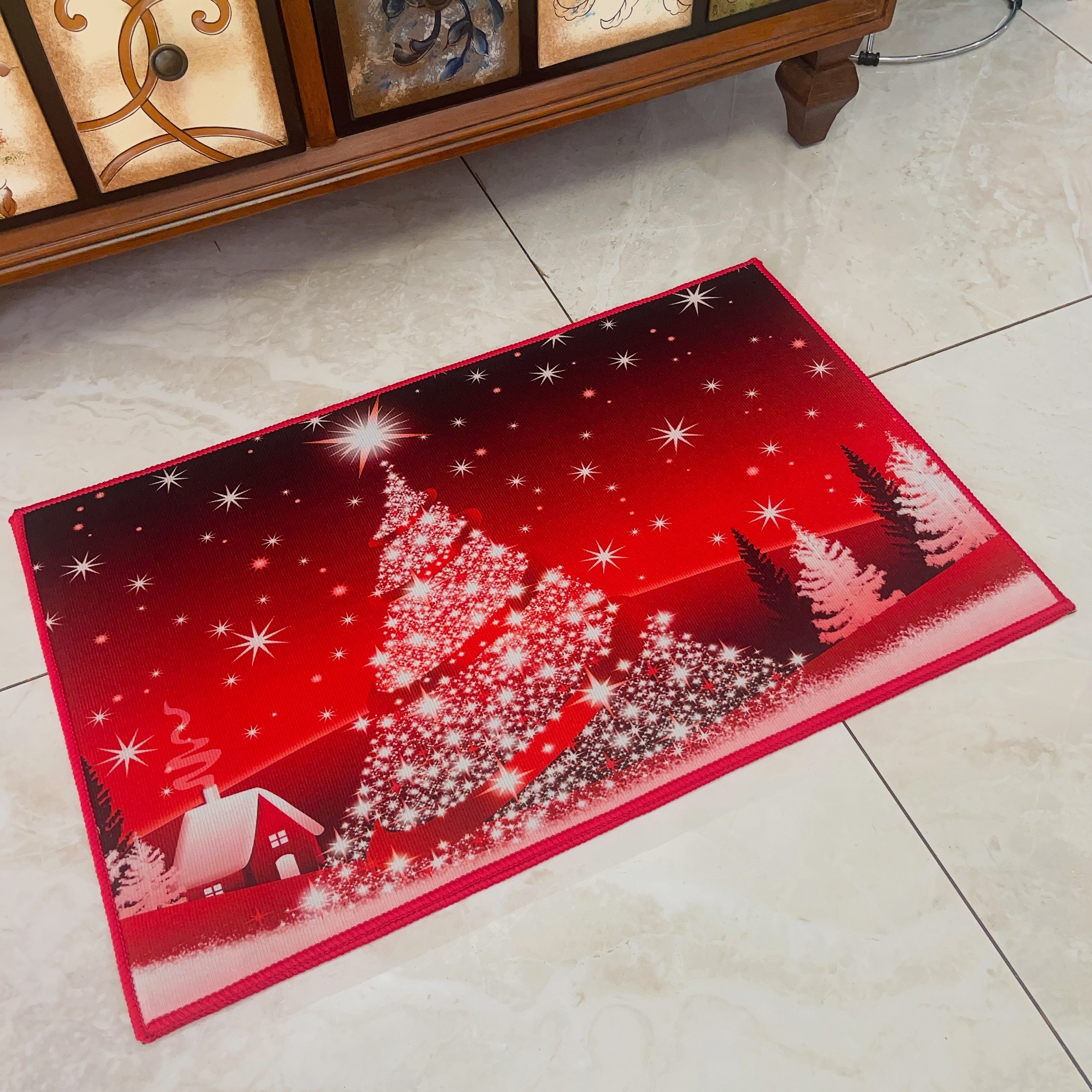 Merry Christmas Indoor Doormat,Front Back Door Mats with Non Slip Backing,Christmas Snowflakes Red Let It Snow Low Profile Welcome Entrance Floor