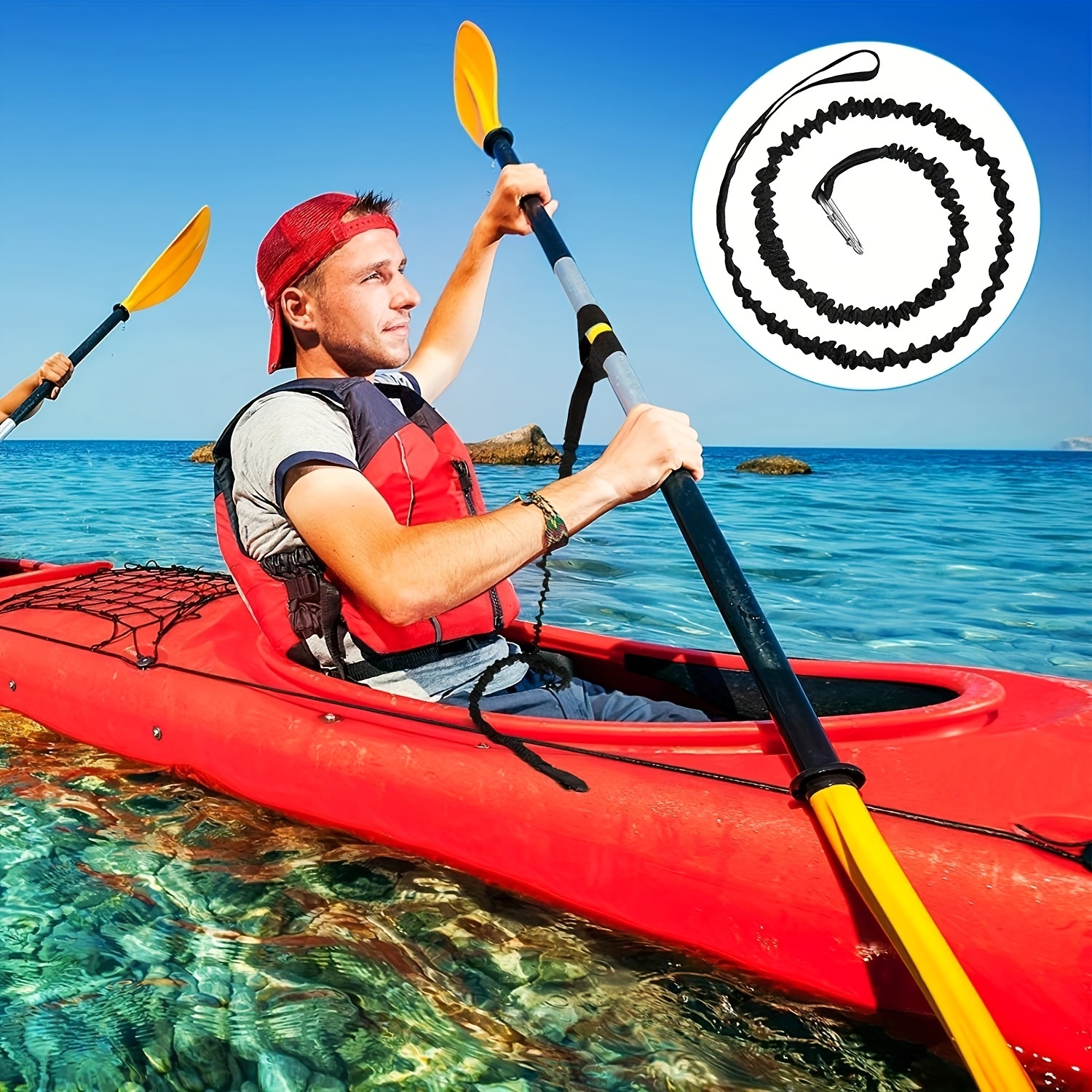 Elastic Kayak Paddle Leash Adjustable With Safety Hook Fishing Rod