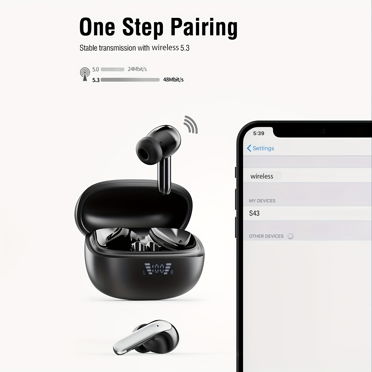 Kablosuz 5.3 Kulaklık, 13MM Hoparlör, 40 Saat Çalma Süresi, Type-C Hızlı Şarj Kutusu, Stereo Kablosuz Kulak İçi Kulaklık, IPhone ve Android'e Uygun._voghion.com