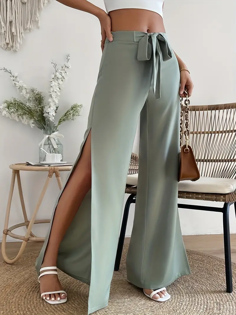 Split Thigh Wide Leg Pants Casual Knotted Solid Summer Pants - Temu Canada