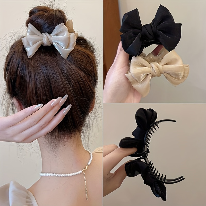 1pc Plastic Hair Claw Clip With 13cm Pink Ribbon Bowknot For Women's Daily  Use