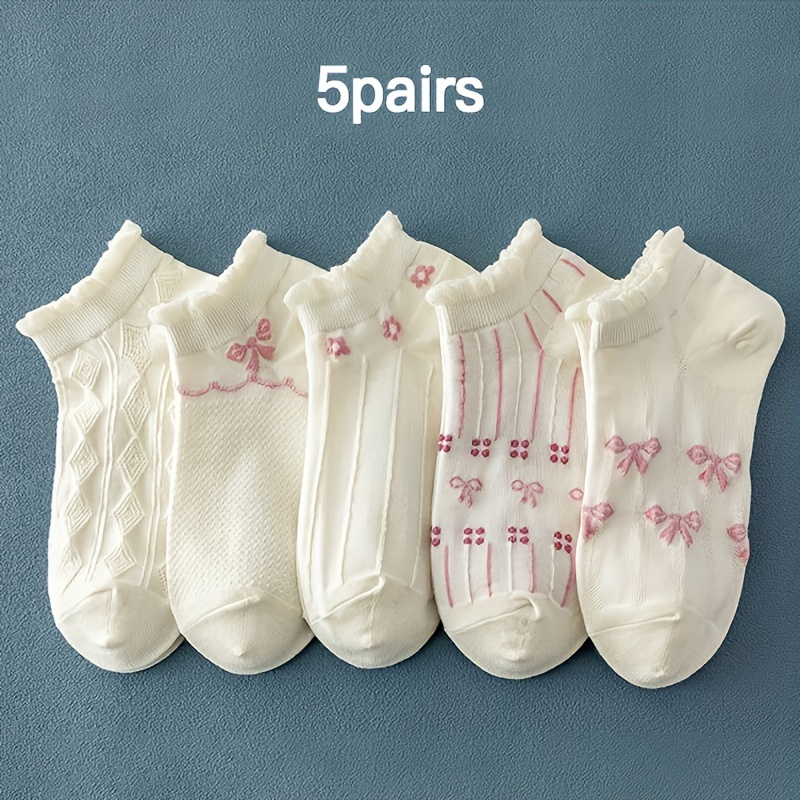 TEMU 5 Pairs Bow Pattern Socks, Cute & Breathable Lwo Cut Ankle Socks, Women's Stockings & Hosiery