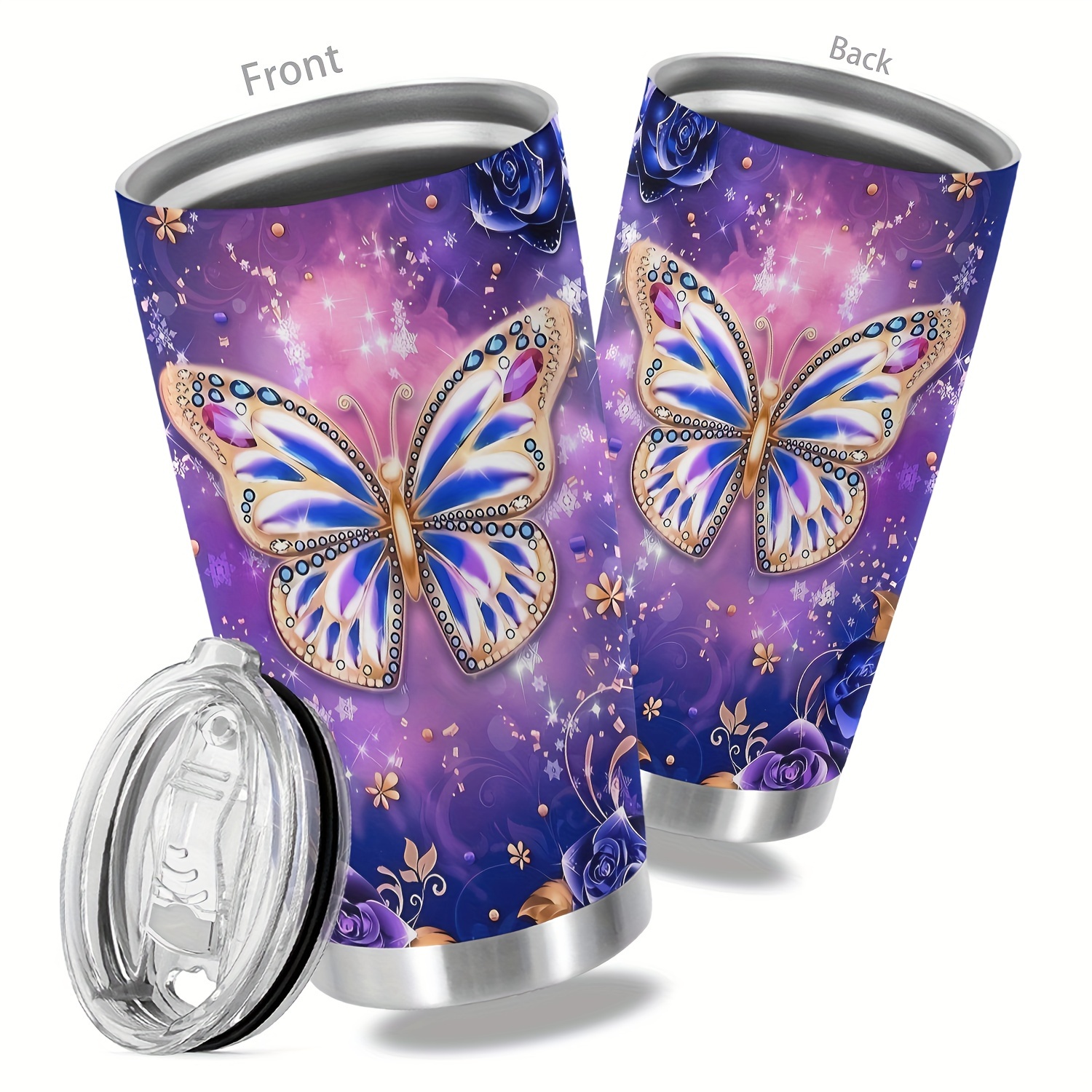 1pc 20oz Purple Butterfly Tumbler Cup With Lid, Stainless Steel Double Wall  Vacuum-insulated Flash Insulated Travel Coffee Mug
