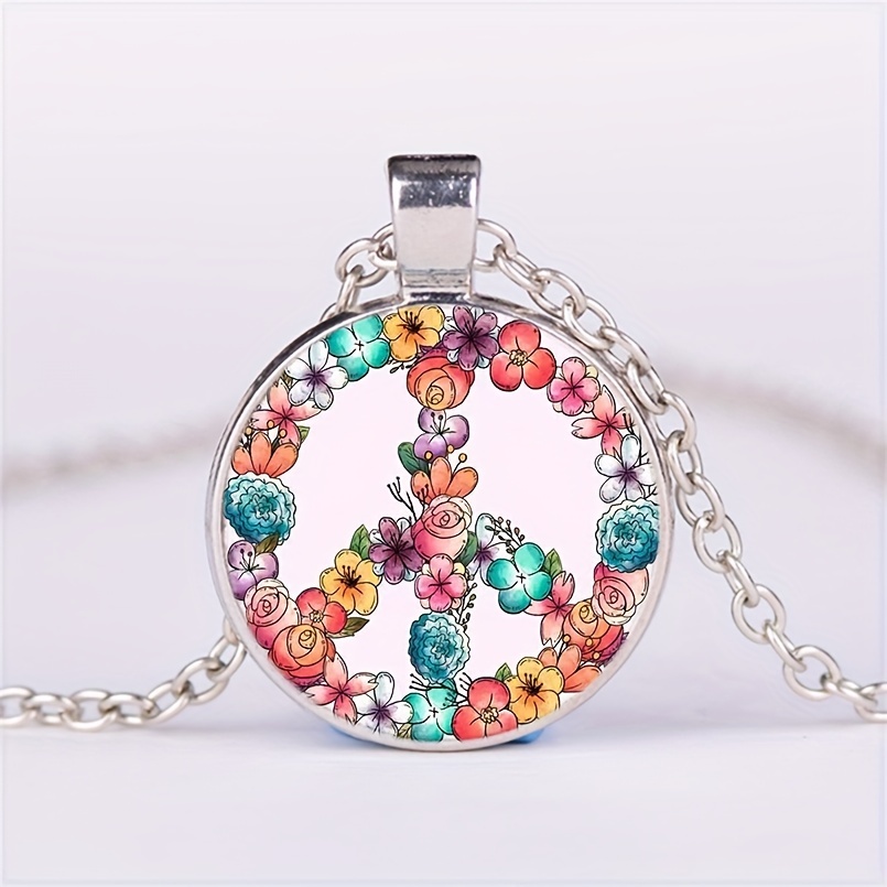 elegant trendy exquisite sweet flower peace sign round pendant necklace decorative accessories holiday birthday party gift for girls 1