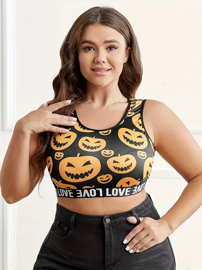 Plus Size Halloween Sports Bra, Women's Plus Pumpkin Print Contrast Letter  Tape High Stretch Seamless Bralette