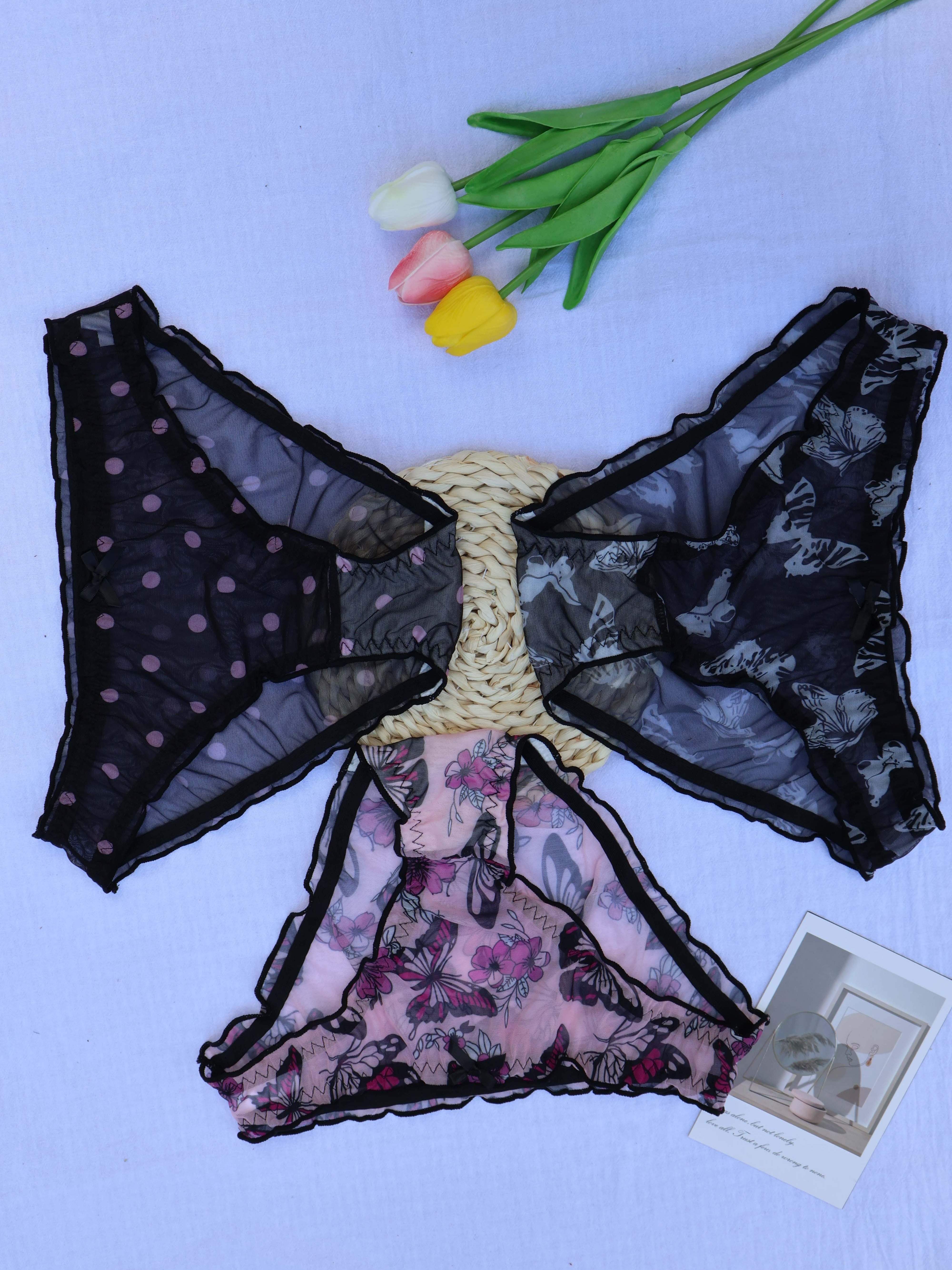 3pcs Butterfly & Polka Dot Briefs, Comfy & Breathable Sheer Mesh Panties,  Women's Lingerie & Underwear