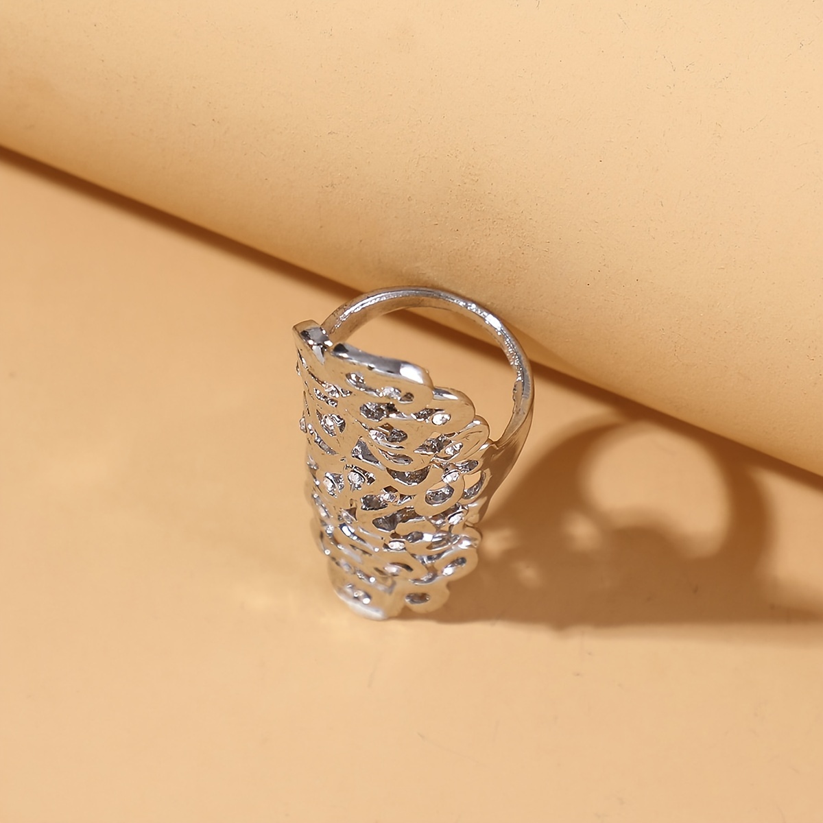Exaggerated Long Hollow Open Ring, Silver Plated Adjustable Ring