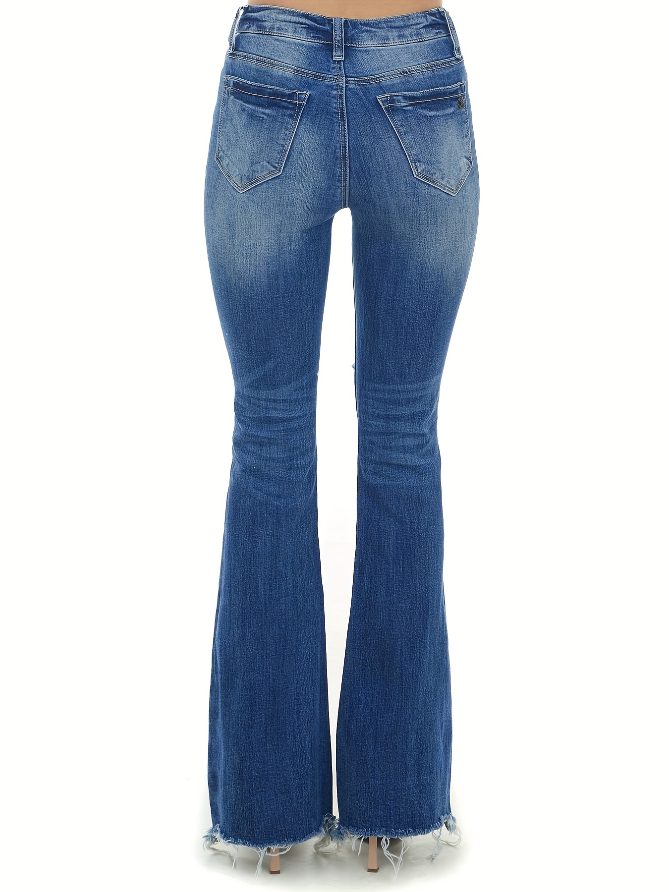Jeans Acampanados Con Dobladillo Sin Rematar Azul, Pantalones De Mezclilla  De Pierna Ancha Con Cintura Alta Rasgada En La Parte Inferior De Campana, P