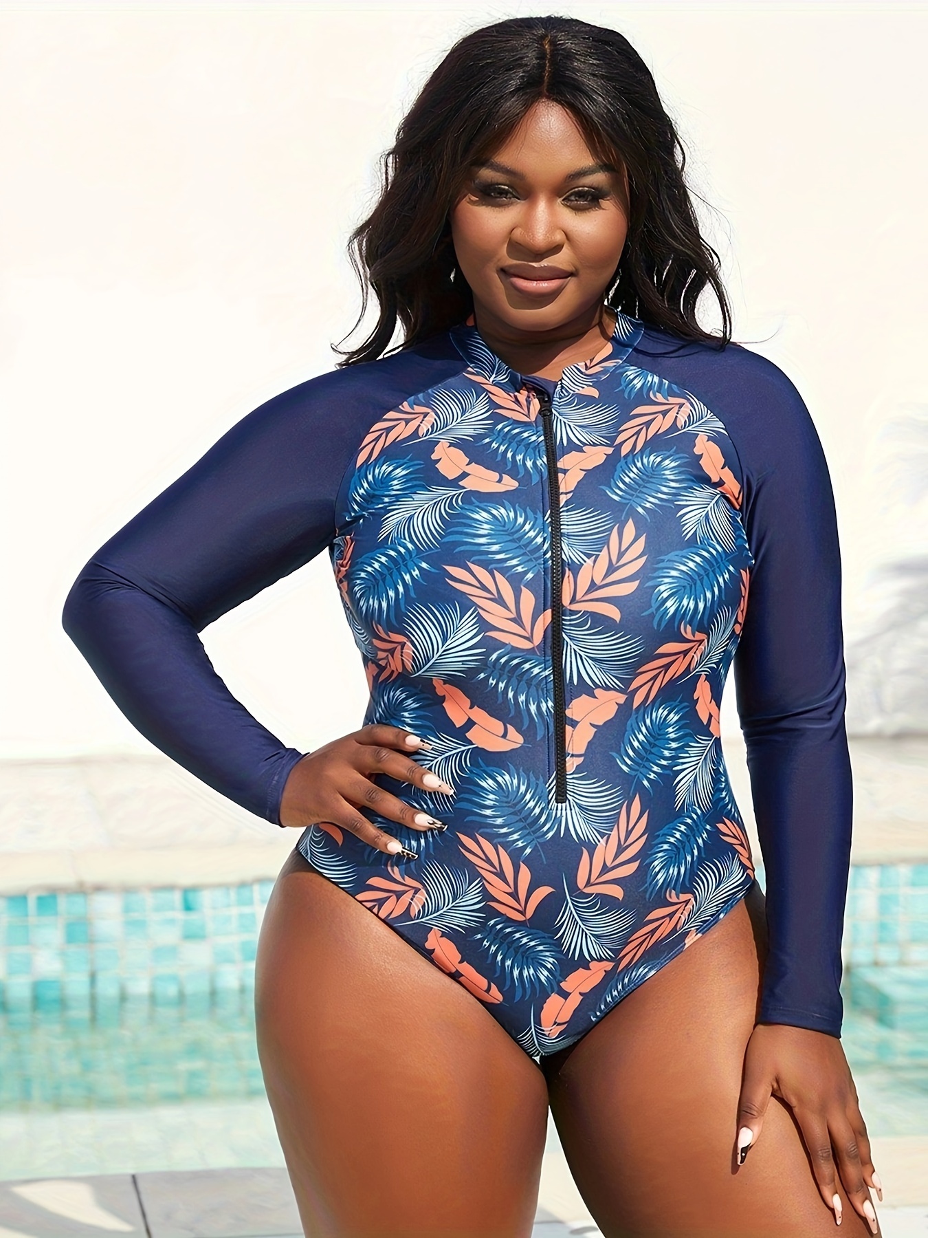 Women's Sporty One-piece Swimsuit, Plus Size Zipper Leaf Print Long Sleeve  High Stretch Water Sport Surfing Beach One-piece Bathing-suit