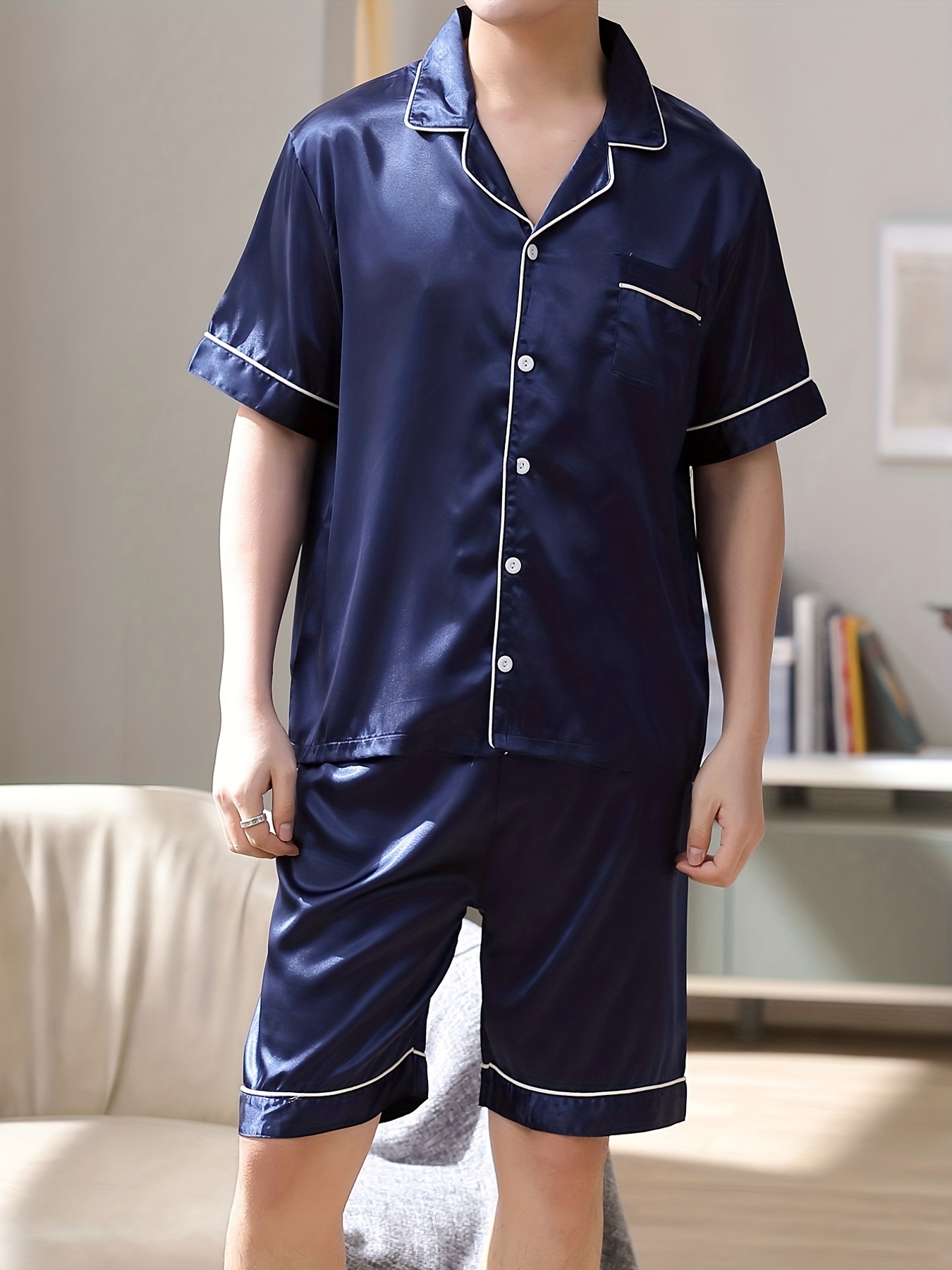 Conjuntos Pijama Seda Satinada Hombres 2 Piezas Ropa Dormir - Temu
