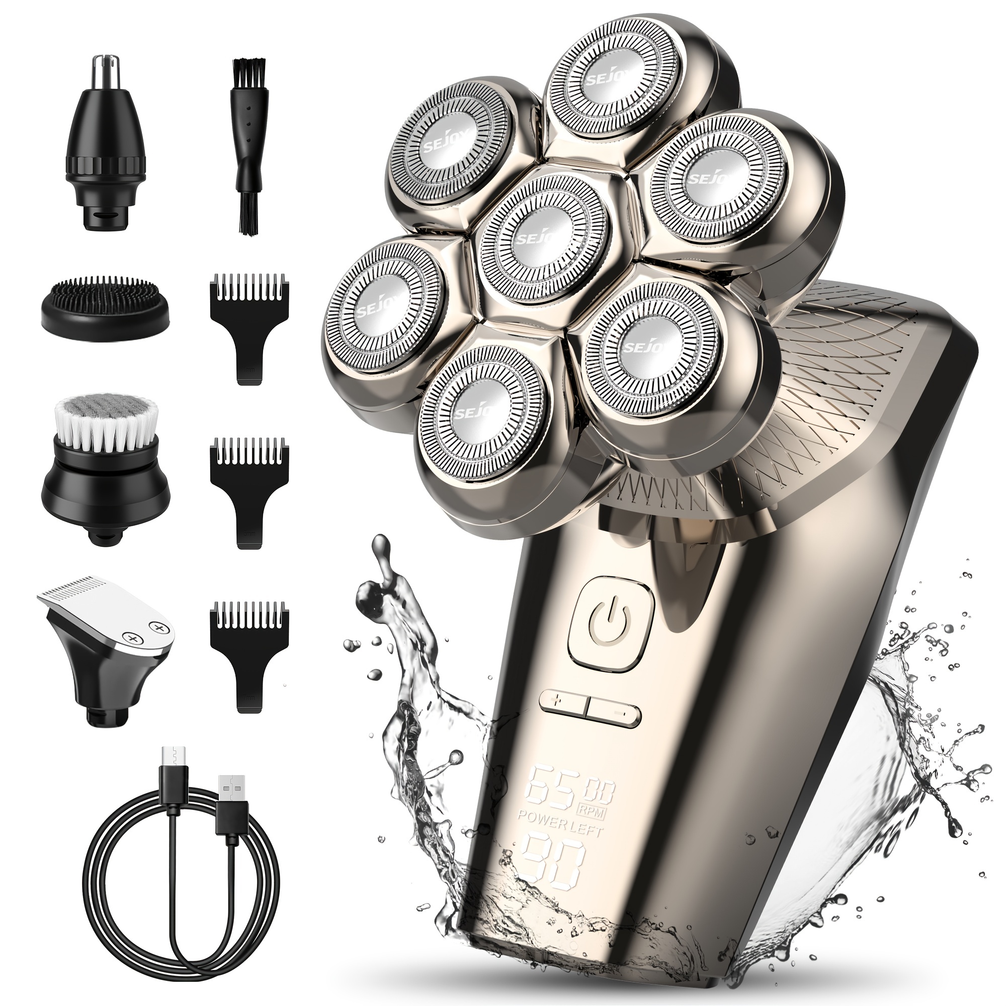 Rasoir Electriques Hommes, 5 in 1 Rasoirs Rotatives, IPX7 Étanche  Rechargeable Sec et humide Rasoir Ensemble à tête chauve Rasoir Nez Ave  écran LED et