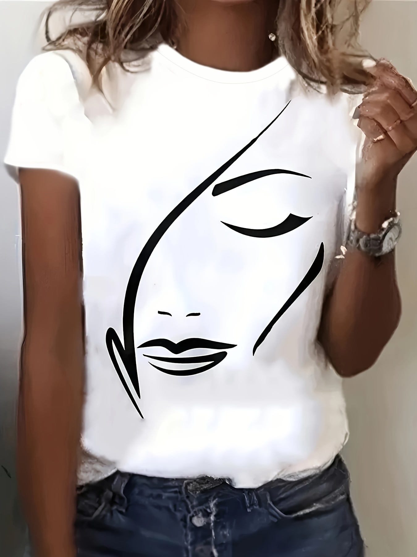 Figure Print Crew Neck T-shirt, Casual Short Sleeve Summer Daily Top, Women's Clothing
