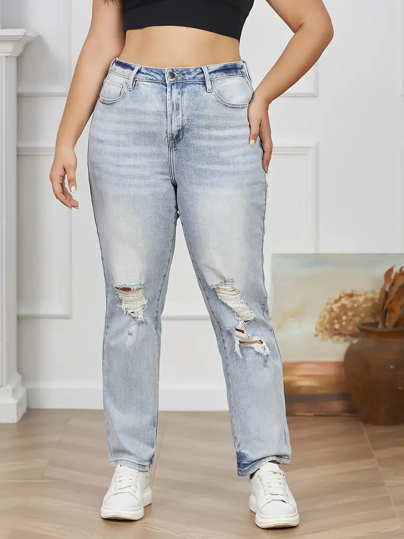 Plus Size Casual Jeans, Women's Plus Solid Ripped Button Fly High * Medium  Stretch Straight Leg Jeans