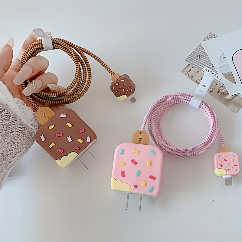40pcs cute cartoon ice cream cable charger protector cargador set for iphone  USB cord protector free