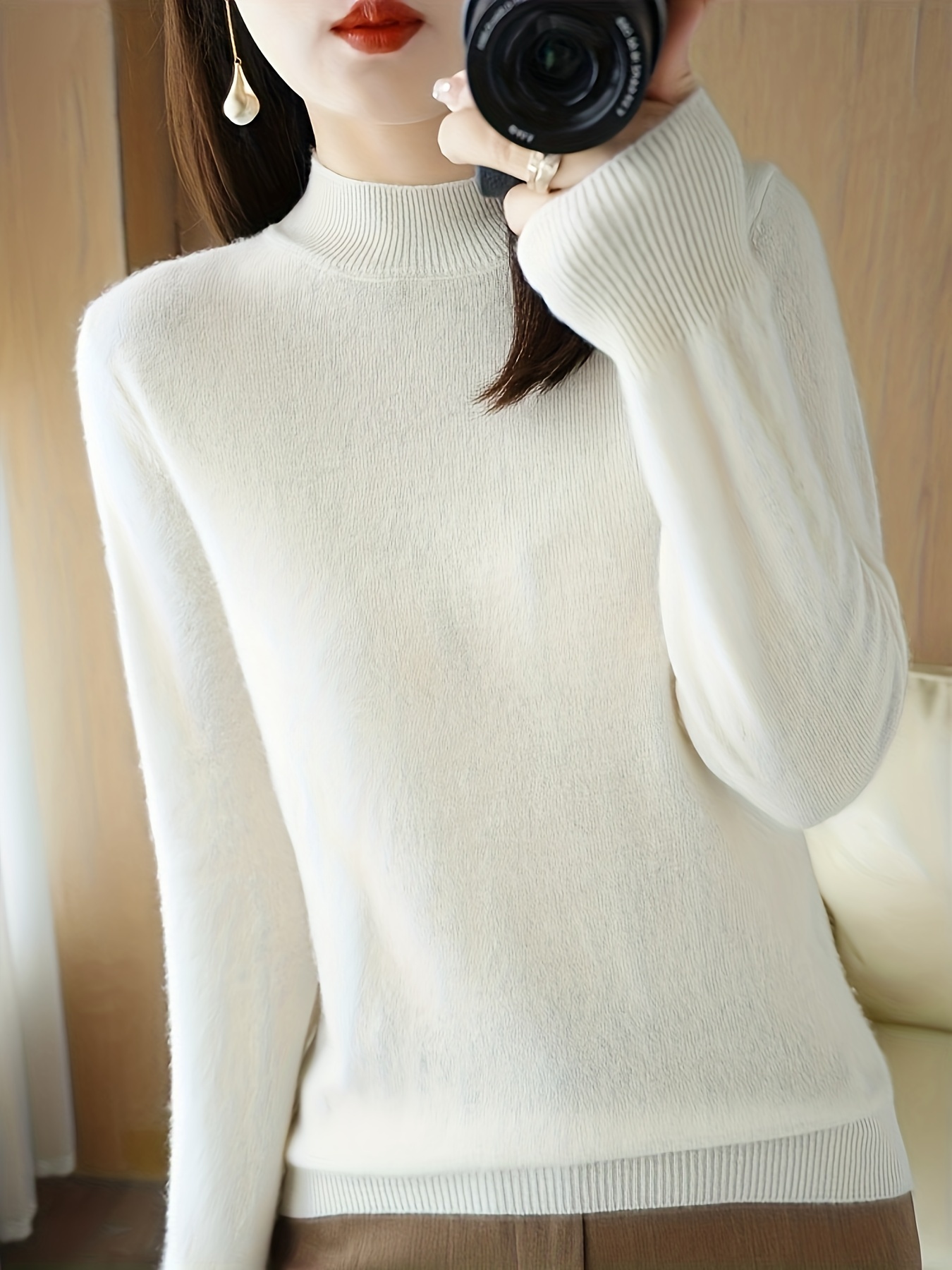 solid mock neck knitted top versatile long sleeve slim sweater womens clothing white 0