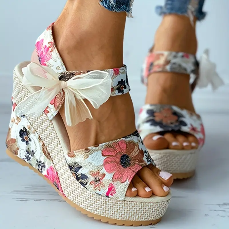 womens floral print wedge sandals peep toe bowknot strap platform shoes casual hoho beach shoes details 8