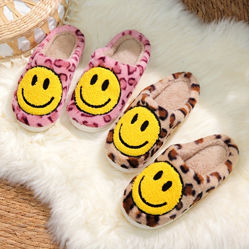 Cute Smile Face Fluffy Slippers Leopard Print Closed Toe Fuzzy Shoes Cozy Warm Home Slippers