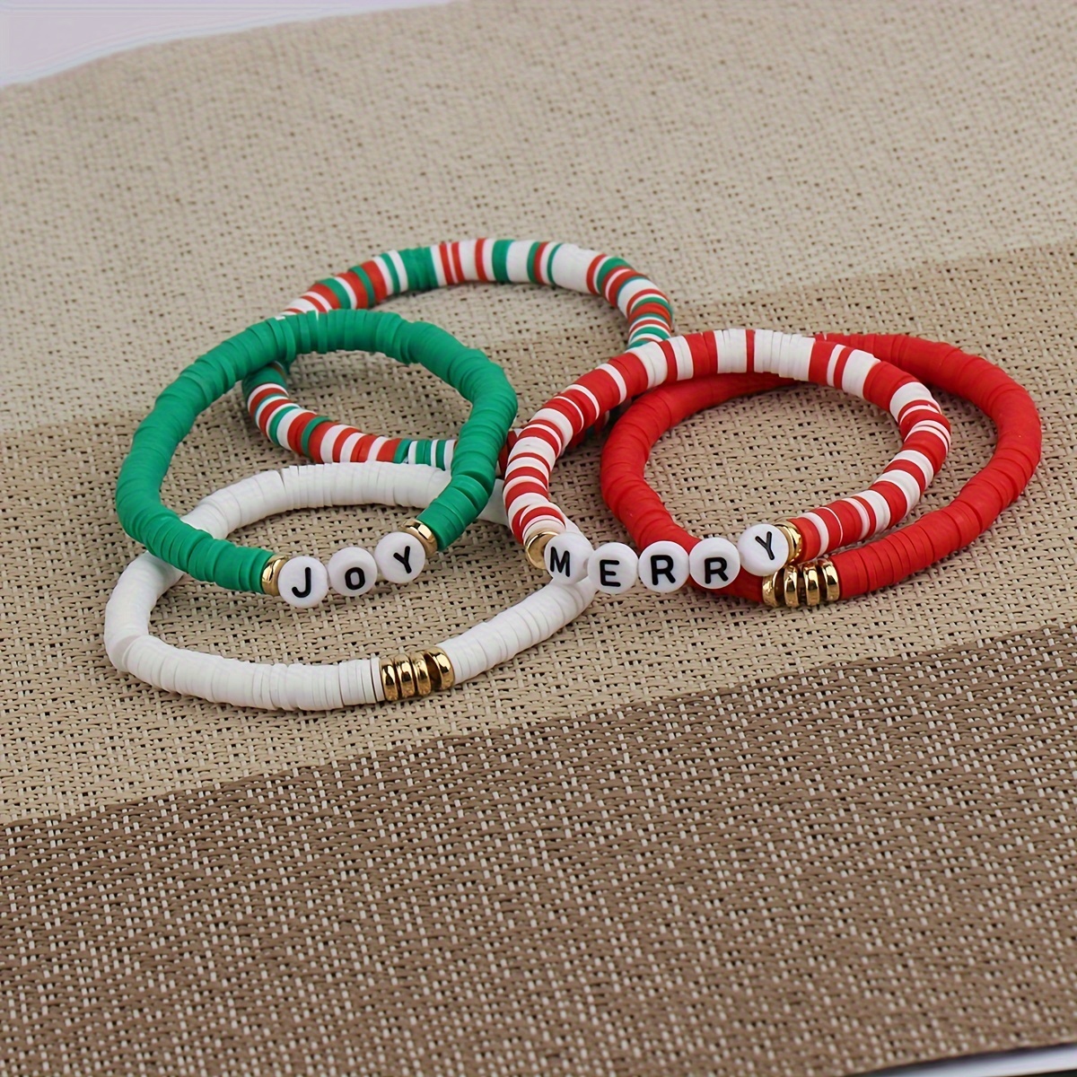 5pcs Red Green White Soft Clay Beads Beaded Bracelet Set Boho Style Hand String Xmas Gift,Temu