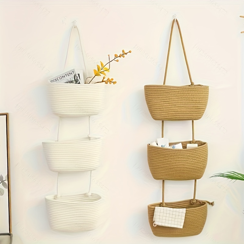 TeoKJ Over the Door Hanging Basket, 3-Tier Woven Cotton Wall