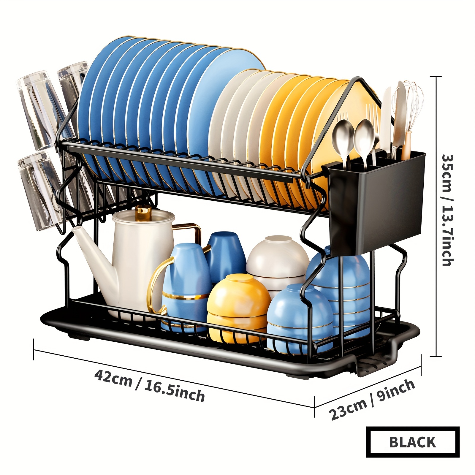 2 Tier Plastic Dish Drainer, Black, KITCHEN ORGANIZATION