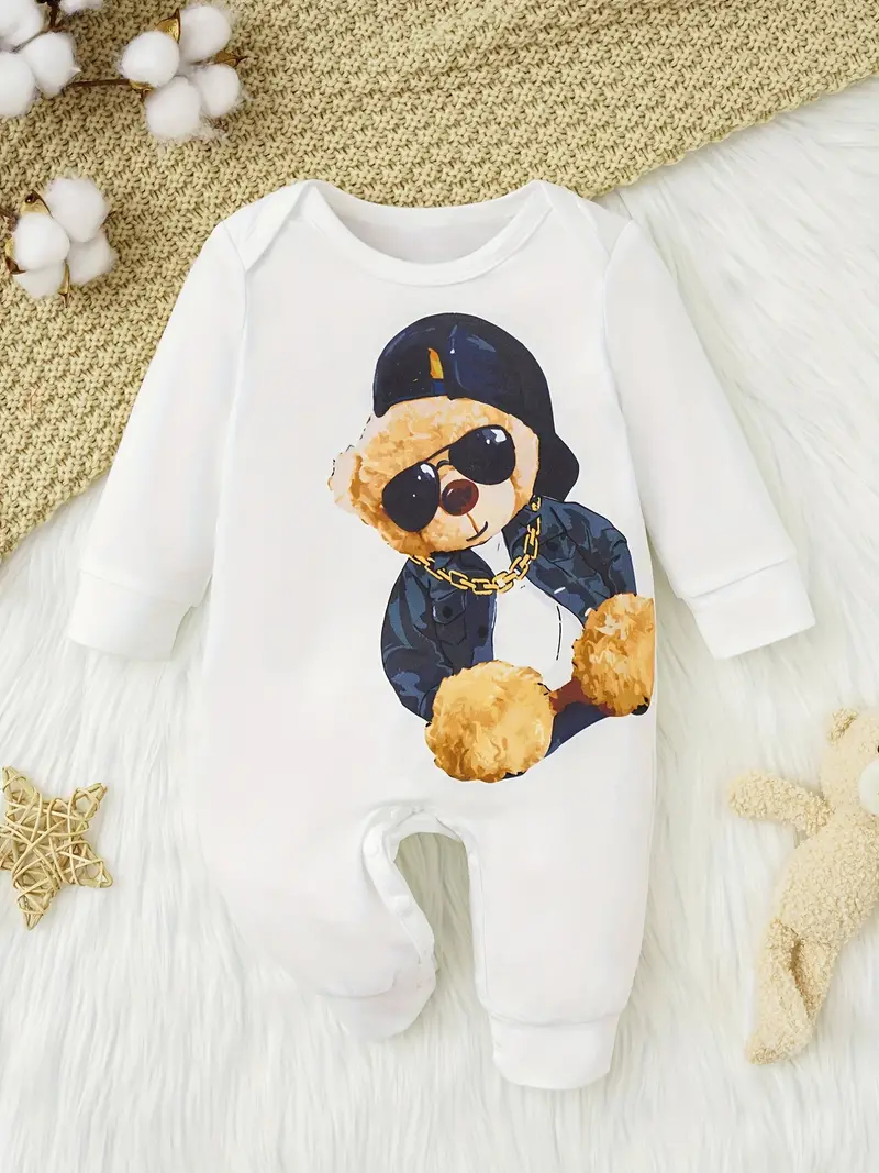 baby boys long sleeve cute cartoon bear print romepr bottom snap jumpsuit details 9