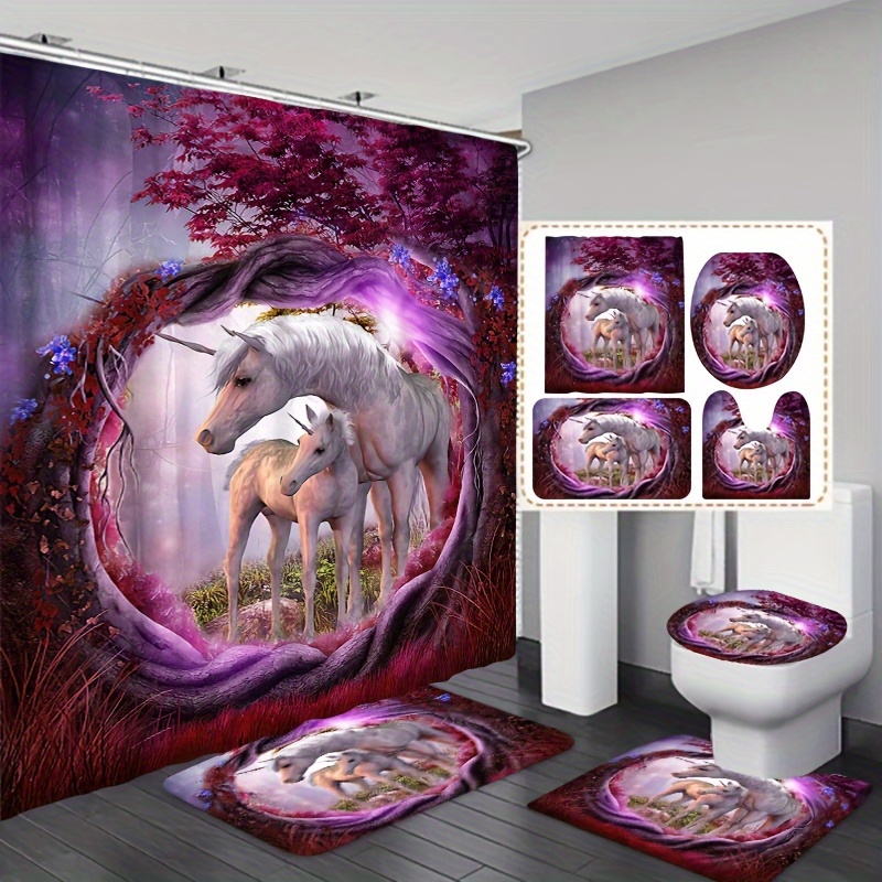 Shower Curtain, Unicorn, Girls Room Decor, Bathroom Decor, Bathroom Art,  Bath Mat, Towel, Pink and Purple 