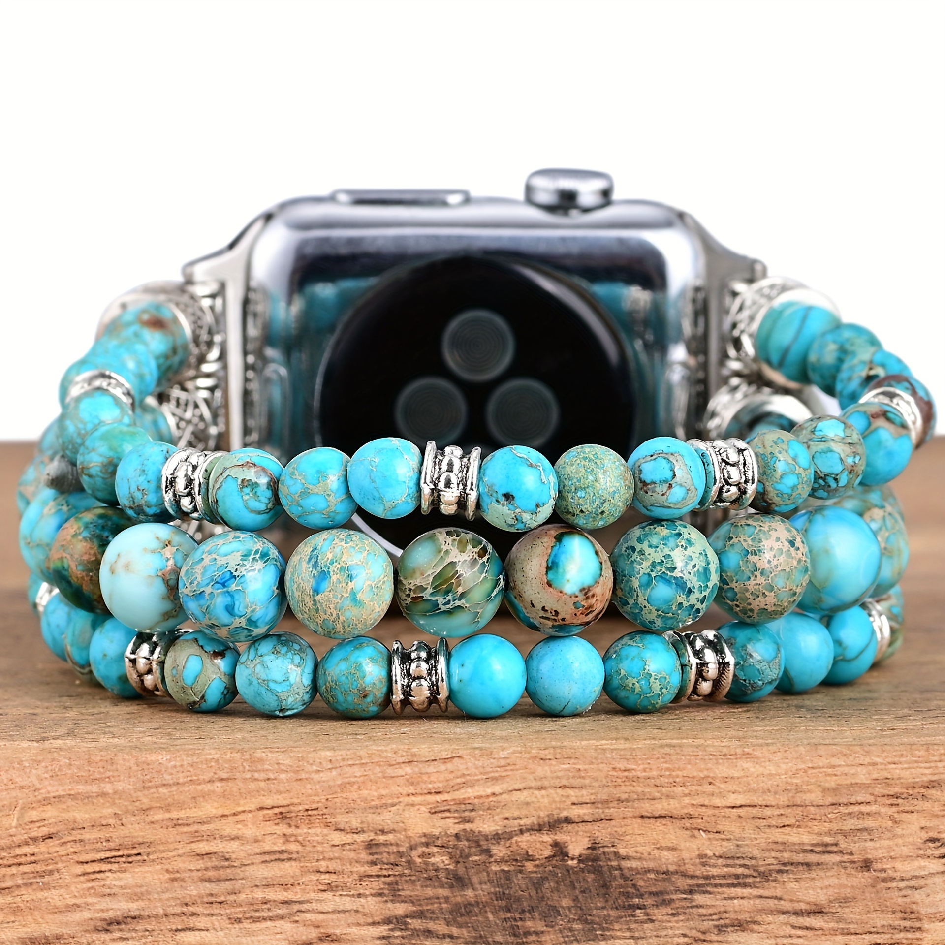 Image of Blue Bead Bohemian Bracelet Compatible With Watch Band 40mm/38mm/41mm Series 6/5/4 Women's Fashionable Cute Handmade Bead Elastic Watch Band Iwatch Band /2/1 Women's Replacement Watch Band