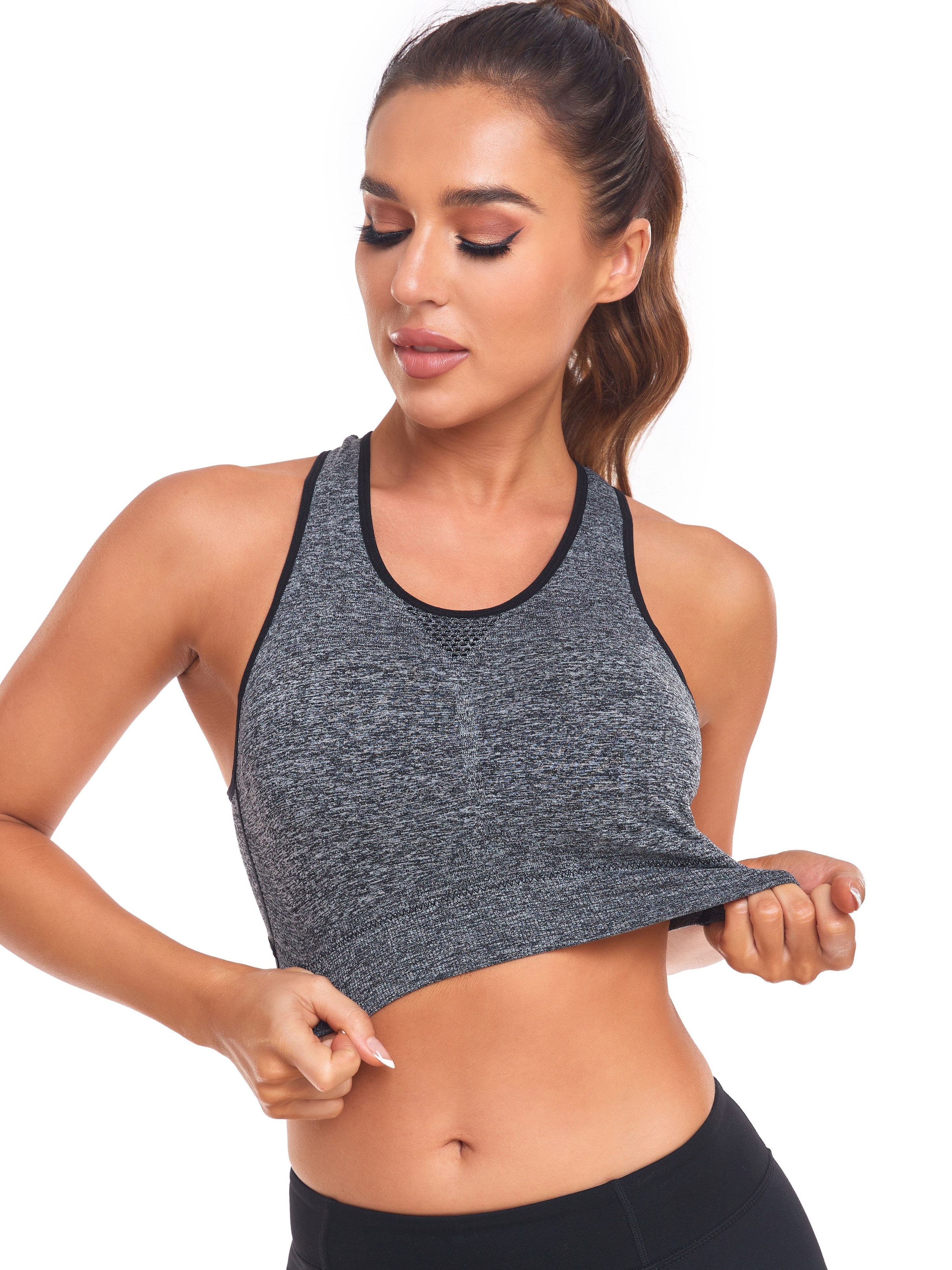 Contrast Binding 2-in-1 Criss Cross Back Sports Bra, Mesh Cutout Breathable  High Impact Yoga Fitness Running Cropped Tank Top, Women's Activewear