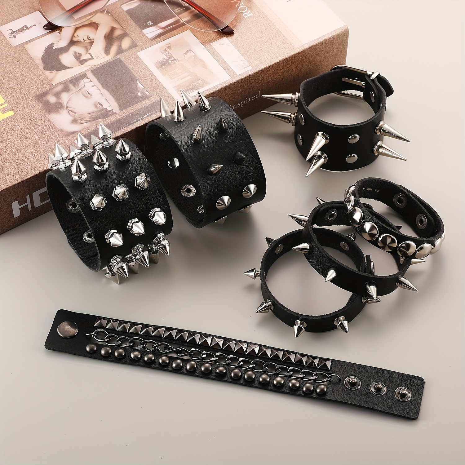 Punk Leather Spike Bracelet - Leather Cuff Biker Bracelet with Spikes for  Men, Women and Kids