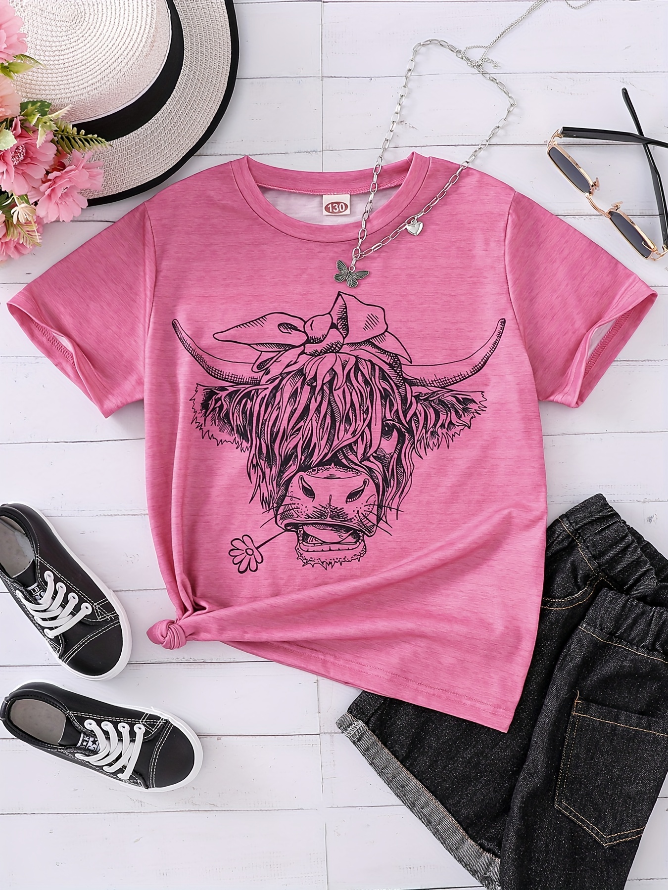 Camiseta Estampado Cabeza Vaca Camiseta Manga Corta Cuello - Temu