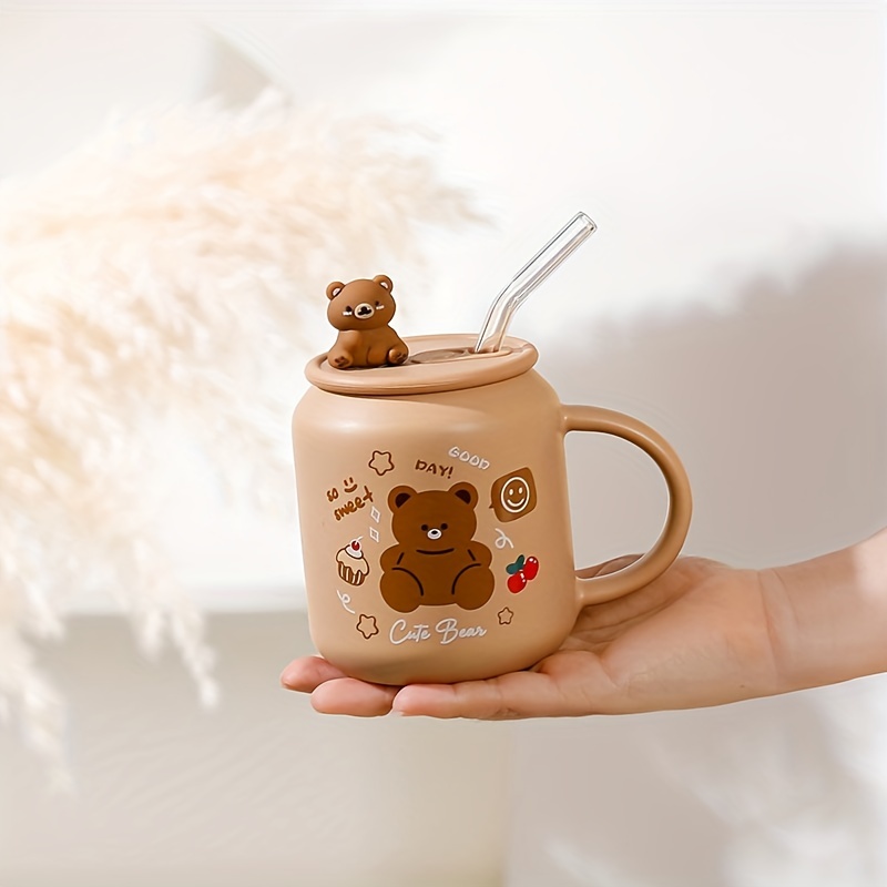 1pc Bear Coffee Mug With Lid And Straw Ceramic Coffee Cups Cute