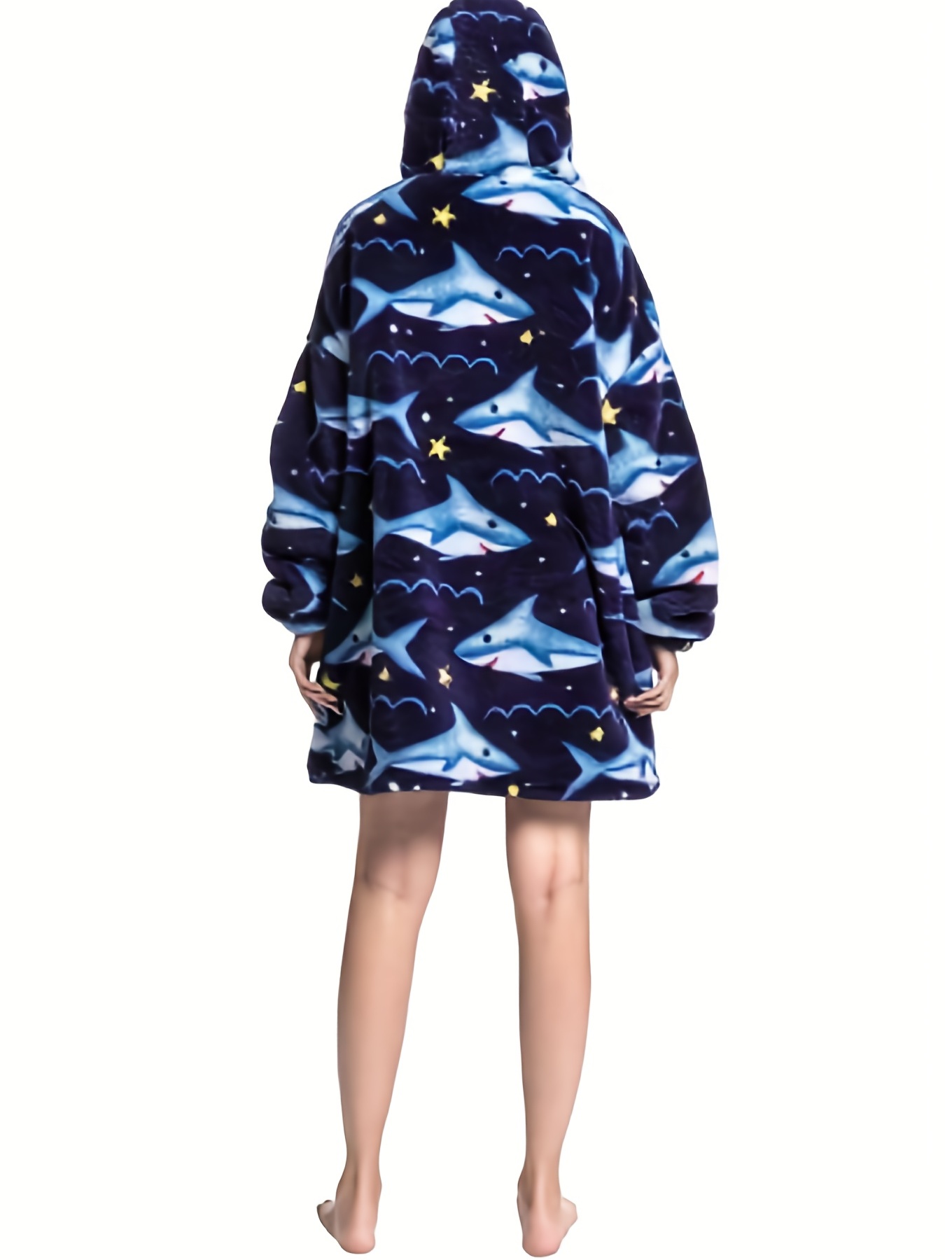 Shark Pattern Fluffy Fleece Long Sleeve Hooded Wearable Blanket