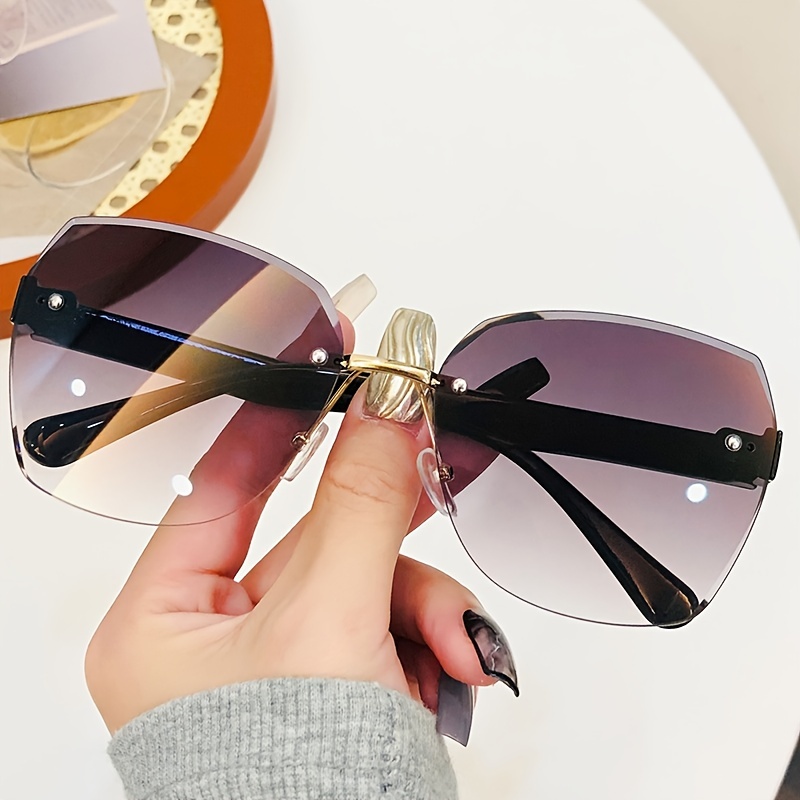 Frameless Gradient Lens Sunglasses, Oversize Polygon Frame