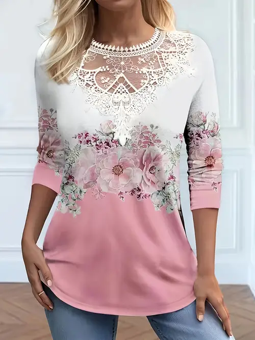 Contrast Lace T-shirt, Elegant Crew Neck Long Sleeve T-shirt For Spring ...
