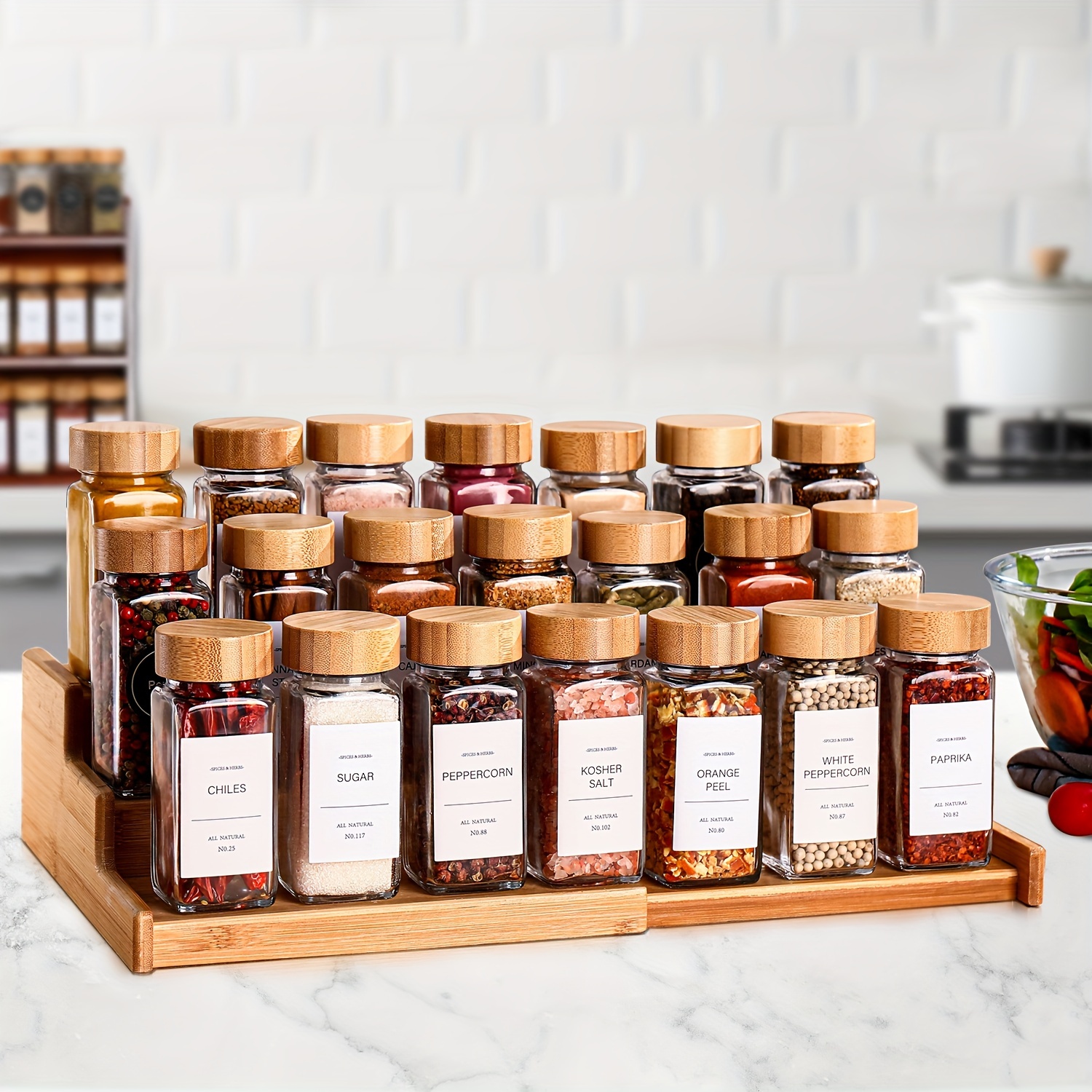 24 Spice Jars with Labels- Spice Jars with Bamboo Lids - 4 Oz Glass Spice