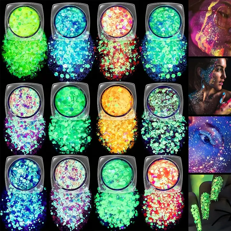 12 PCS Glow In The Dark Body Face Glitter Gel, UV Light Colors Holographic  Luminous Shiny Shimmer Mermaid Glitter For Carnival Iridescent Chunky Glit