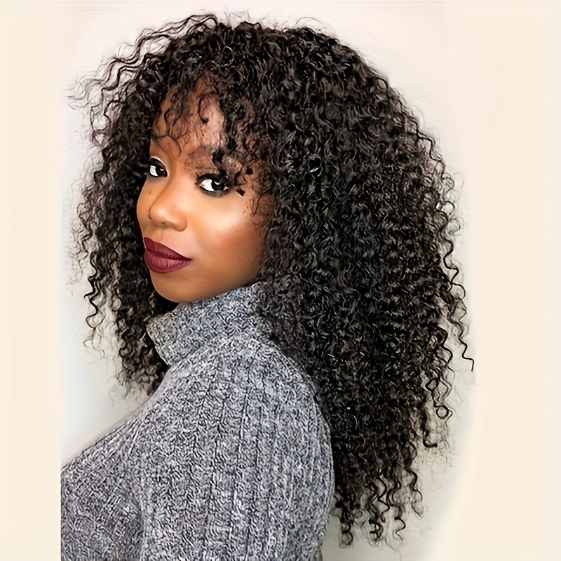 Afro Kinky Curly Wigs With Bangs 100% Human Hair Full Machine Made Scalp  Top Wig