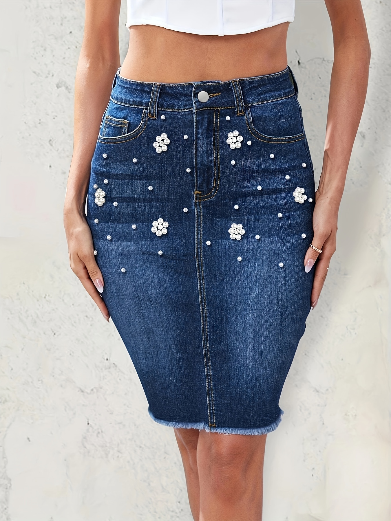Blue Faux Pearl Denim Skirt * Hem Slant Pockets Slim Fit *-Stretch Denim  Skirt, Women's Denim Clothing